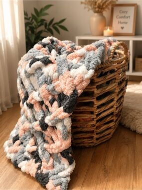 Hand Crafted Cozy Chenille Throw Blanket in Blush, Gray & White